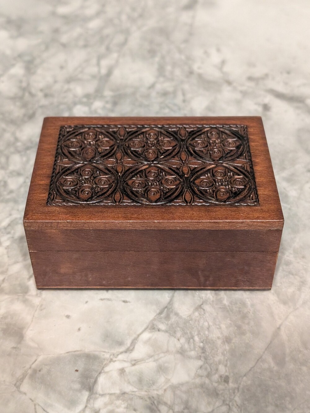 ​Vintage Hand Carved Wooden Trinket Keepsake Box Made in Poland Geometric Floral